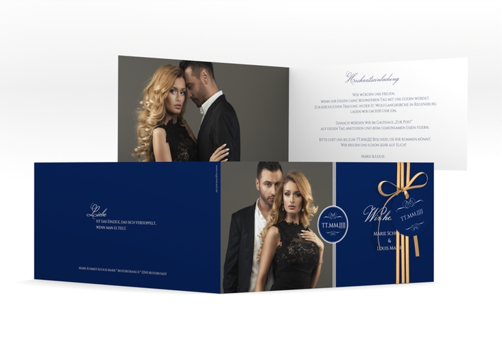 Hochzeitseinladung Elegancy lange Klappkarte quer blau hochglanz