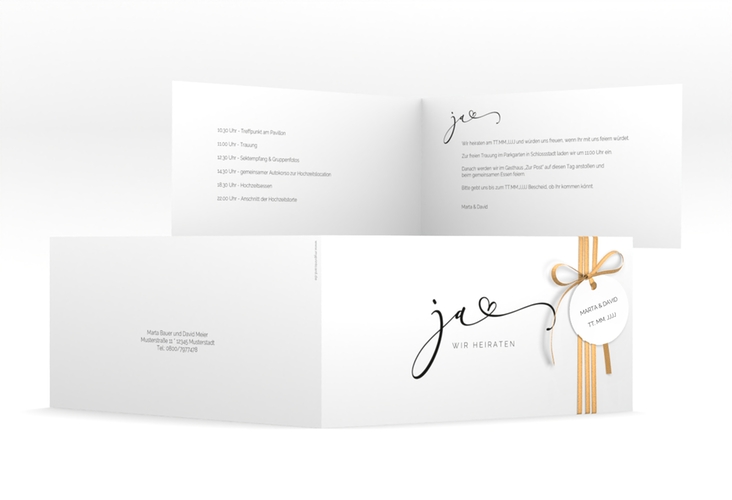 Hochzeitseinladung Jawort lange Klappkarte quer weiss hochglanz modern minimalistisch mit veredelter Aufschrift