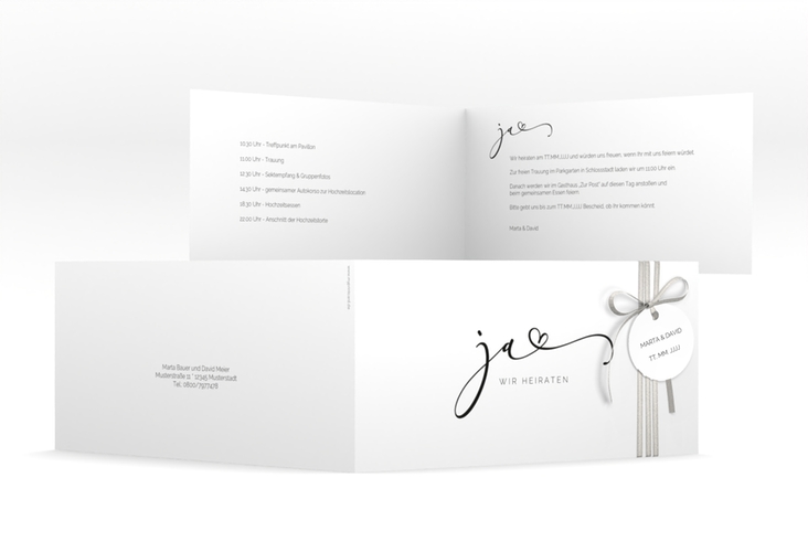 Hochzeitseinladung Jawort lange Klappkarte quer weiss hochglanz modern minimalistisch mit veredelter Aufschrift