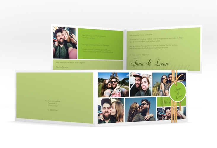 Hochzeitseinladung Collage lange Klappkarte quer gruen