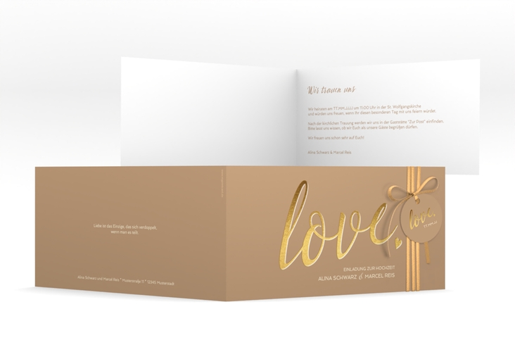 Hochzeitseinladung Glam lange Klappkarte quer beige hochglanz