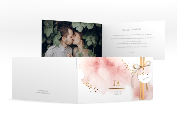 Hochzeitseinladung Pastell lange Klappkarte quer rosa hochglanz