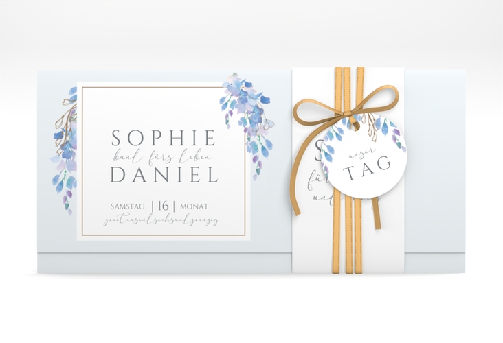 Hochzeitseinladung Blauregen Wickelfalzkarte + Banderole blau mit Wisteria-Blüten