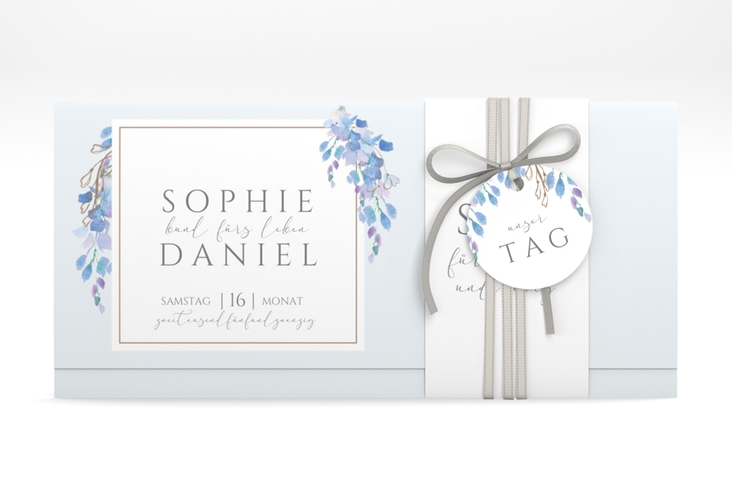 Hochzeitseinladung Blauregen Wickelfalzkarte + Banderole blau mit Wisteria-Blüten