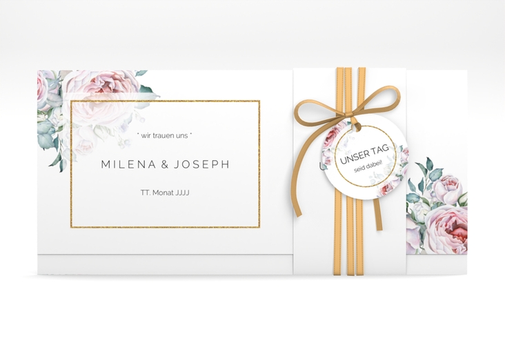Hochzeitseinladung Embrace Wickelfalzkarte + Banderole weiss
