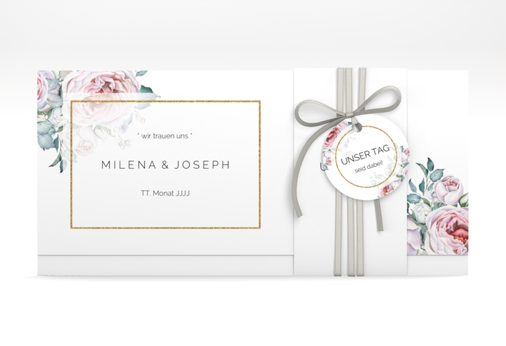 Hochzeitseinladung Embrace Wickelfalzkarte + Banderole weiss