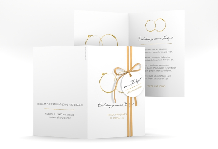 Einladungskarte Hochzeit Trauringe A6 Klappkarte hoch gold hochglanz minimalistisch gestaltet mit zwei Eheringen
