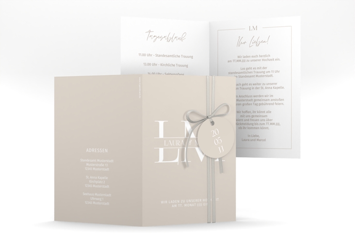 Einladungskarte Hochzeit Monogramm A6 Klappkarte hoch beige
