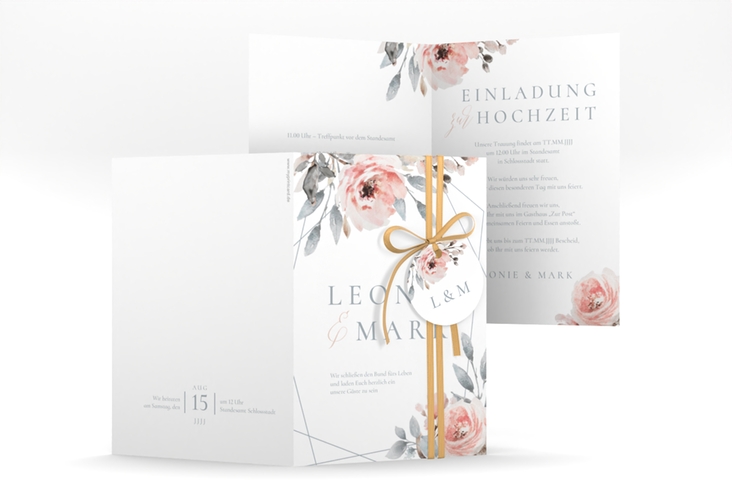 Einladungskarte Hochzeit Perfection A6 Klappkarte hoch weiss hochglanz mit rosa Rosen