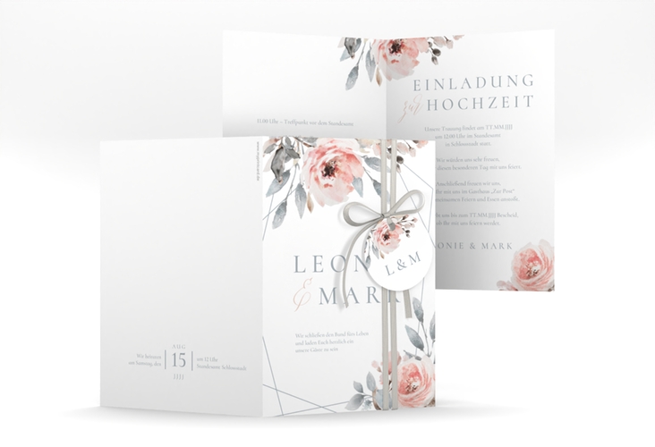 Einladungskarte Hochzeit Perfection A6 Klappkarte hoch weiss hochglanz mit rosa Rosen