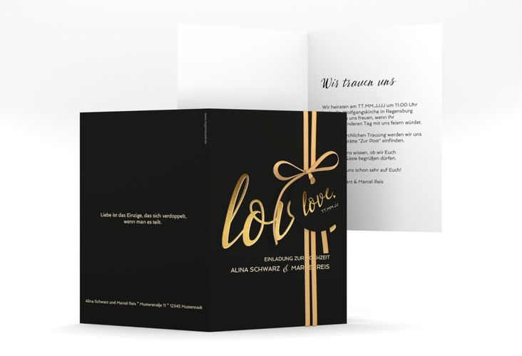 Einladungskarte Hochzeit Glam A6 Klappkarte hoch schwarz hochglanz