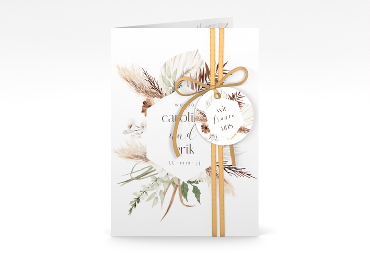 Einladungskarte Hochzeit Bohemian A6 Klappkarte hoch weiss mit Gräsern und Trockenblumen für Boho-Hochzeit