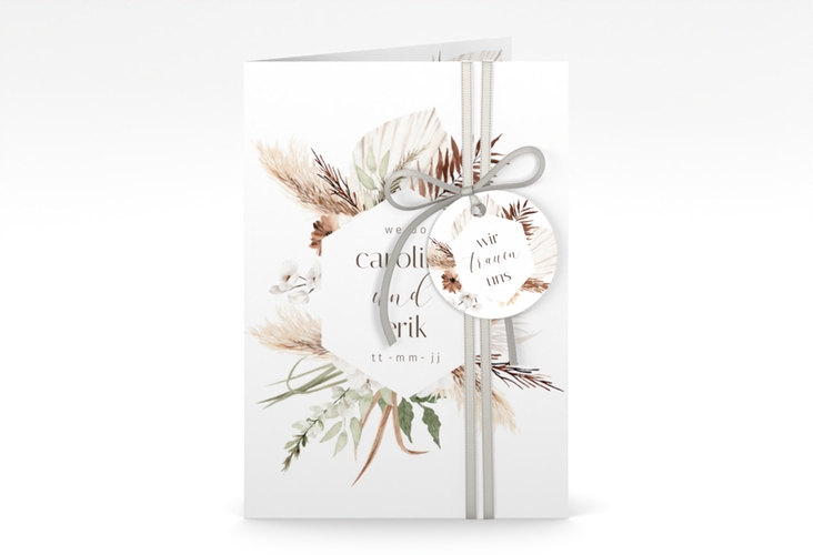 Einladungskarte Hochzeit Bohemian A6 Klappkarte hoch weiss mit Gräsern und Trockenblumen für Boho-Hochzeit