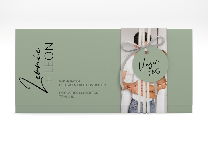 Hochzeitseinladung Your Name Wickelfalzkarte + Banderole gruen