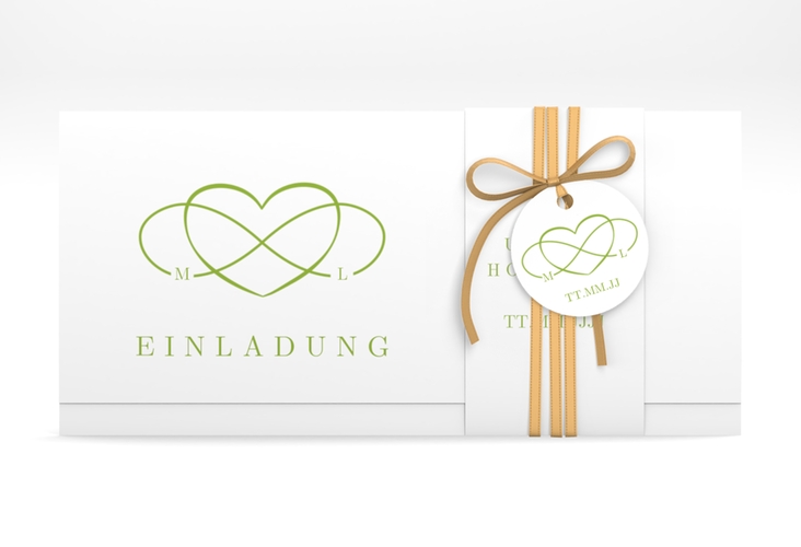 Hochzeitseinladung Infinity Wickelfalzkarte + Banderole gruen hochglanz