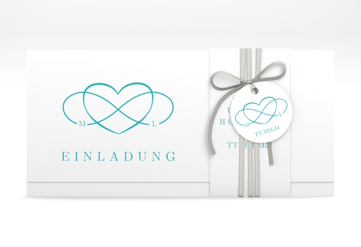 Hochzeitseinladung Infinity Wickelfalzkarte + Banderole tuerkis