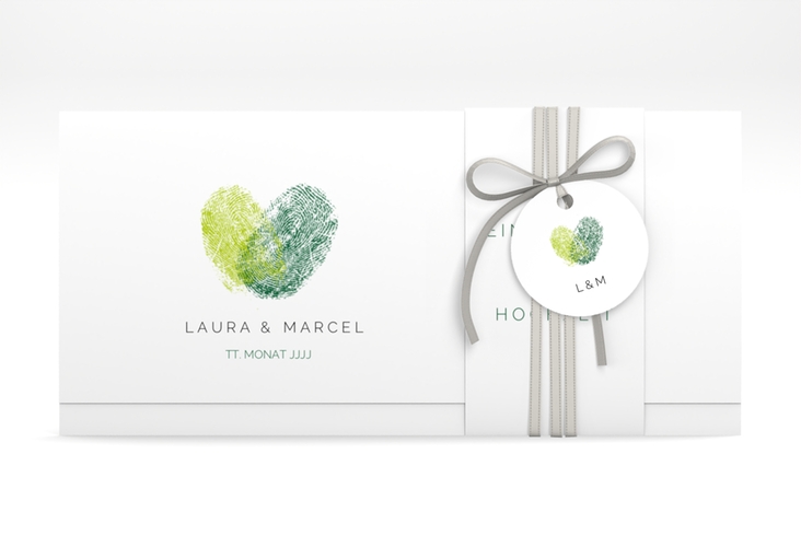 Hochzeitseinladung Fingerprint Wickelfalzkarte + Banderole gruen schlicht mit Fingerabdruck-Motiv