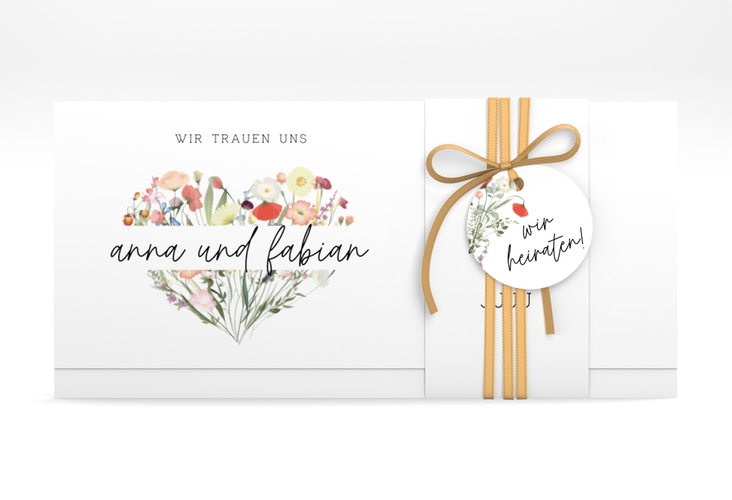 Hochzeitseinladung Wildblumenherz Wickelfalzkarte + Banderole bunt hochglanz