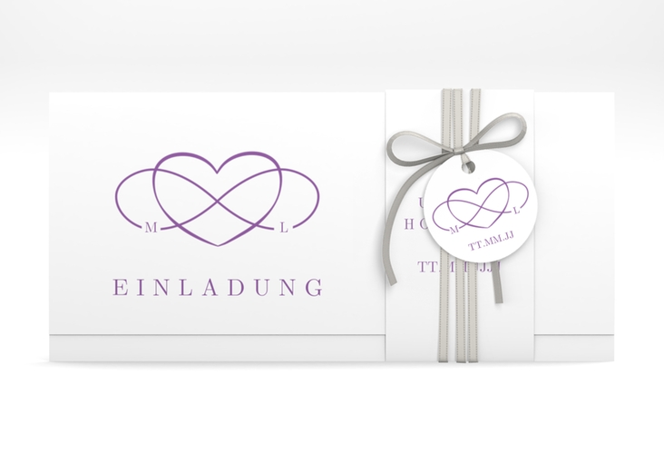 Hochzeitseinladung Infinity Wickelfalzkarte + Banderole lila hochglanz