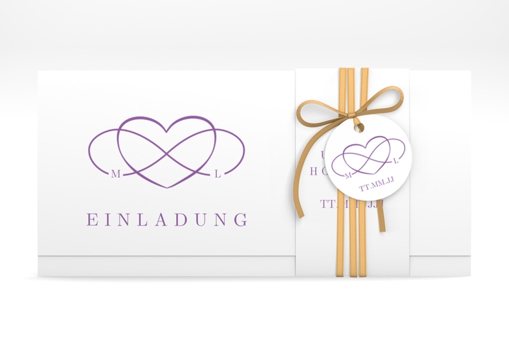 Hochzeitseinladung Infinity Wickelfalzkarte + Banderole lila