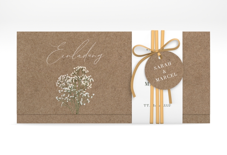 Hochzeitseinladung Schleierkraut Wickelfalzkarte + Banderole Kraftpapier