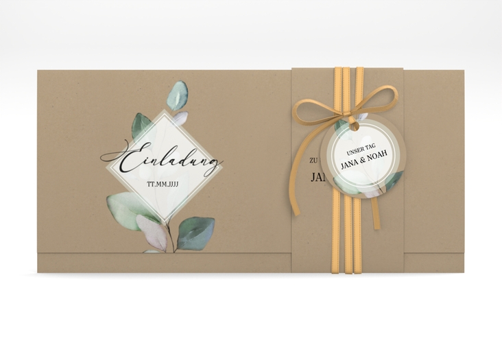 Hochzeitseinladung Foglia Wickelfalzkarte + Banderole Kraftpapier edel mit Eukalyptus im Aquarell-Design
