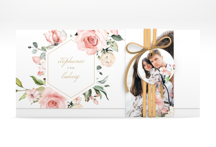 Hochzeitseinladung Graceful Wickelfalzkarte + Banderole weiss mit Rosenblüten in Rosa und Weiß