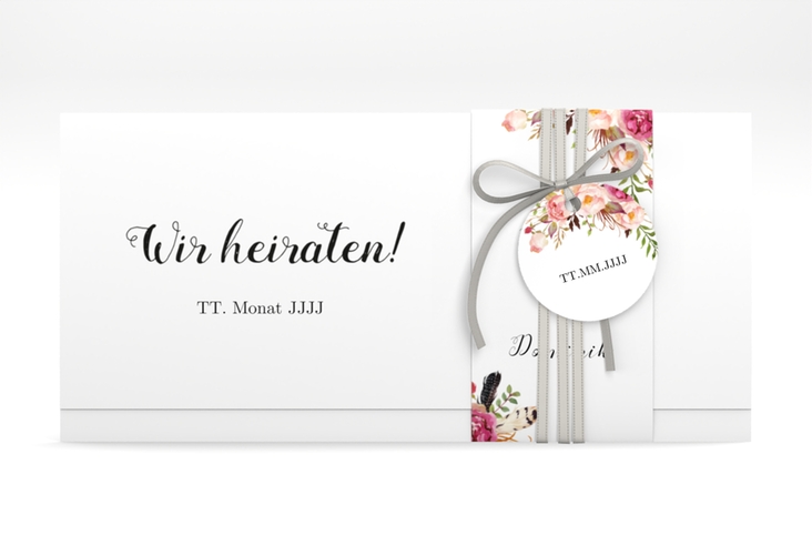 Hochzeitseinladung Flowers Wickelfalzkarte + Banderole weiss mit bunten Aquarell-Blumen