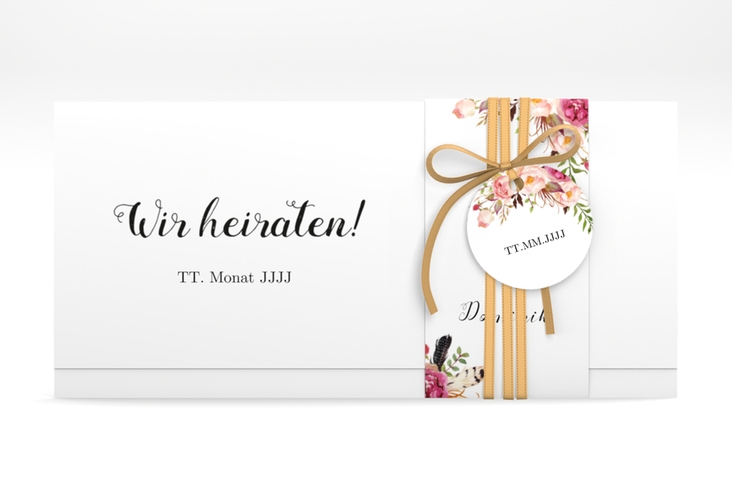 Hochzeitseinladung Flowers Wickelfalzkarte + Banderole weiss mit bunten Aquarell-Blumen
