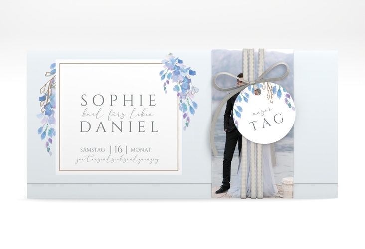 Hochzeitseinladung Blauregen Wickelfalzkarte + Banderole mit Wisteria-Blüten