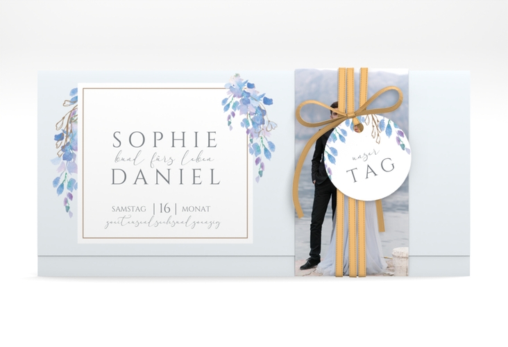 Hochzeitseinladung Blauregen Wickelfalzkarte + Banderole mit Wisteria-Blüten