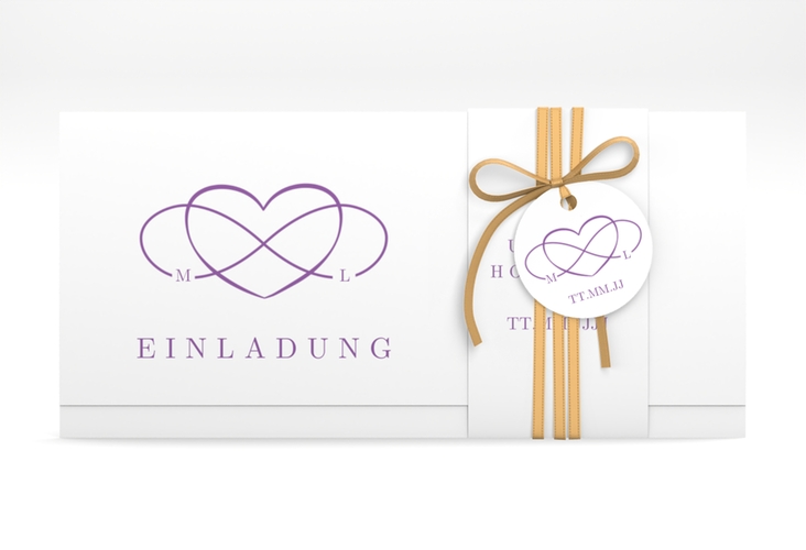 Hochzeitseinladung Infinity Wickelfalzkarte + Banderole lila