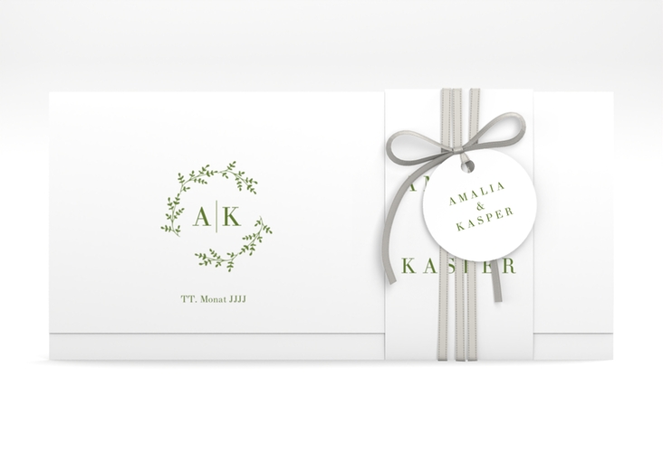 Hochzeitseinladung Filigrana Wickelfalzkarte + Banderole gruen hochglanz in reduziertem Design mit Initialen und zartem Blätterkranz