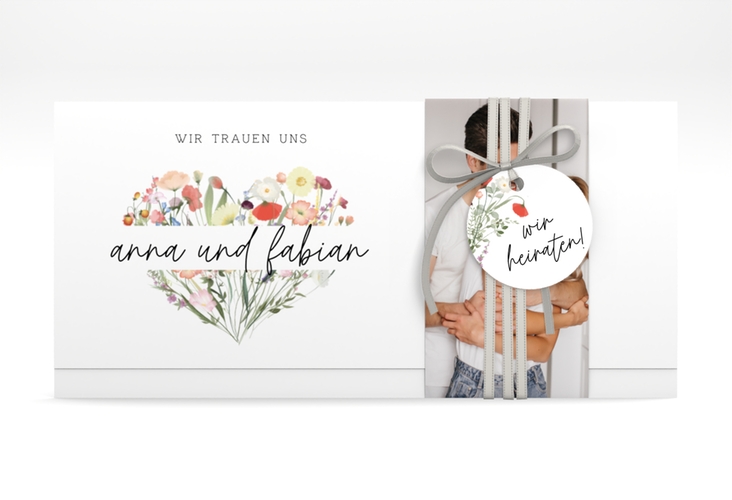 Hochzeitseinladung Wildblumenherz Wickelfalzkarte + Banderole