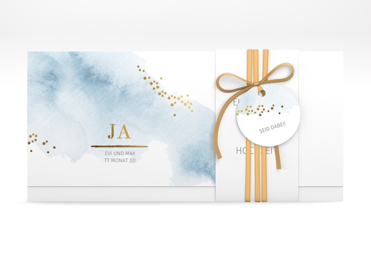 Hochzeitseinladung Pastell Wickelfalzkarte + Banderole blau