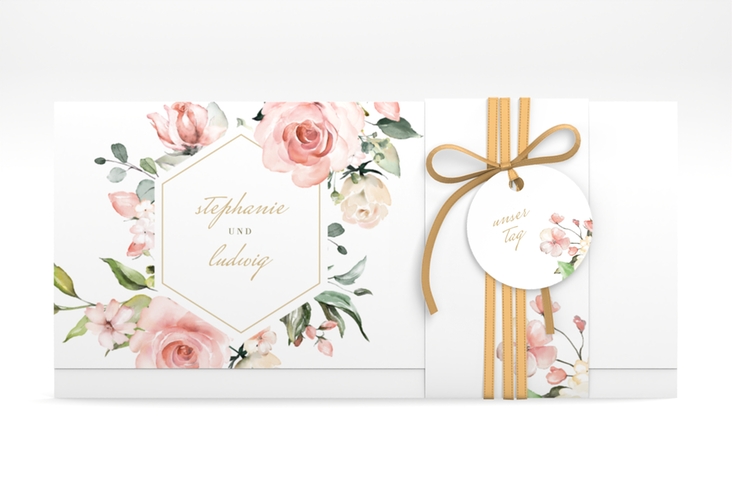 Hochzeitseinladung Graceful Wickelfalzkarte + Banderole weiss hochglanz mit Rosenblüten in Rosa und Weiß