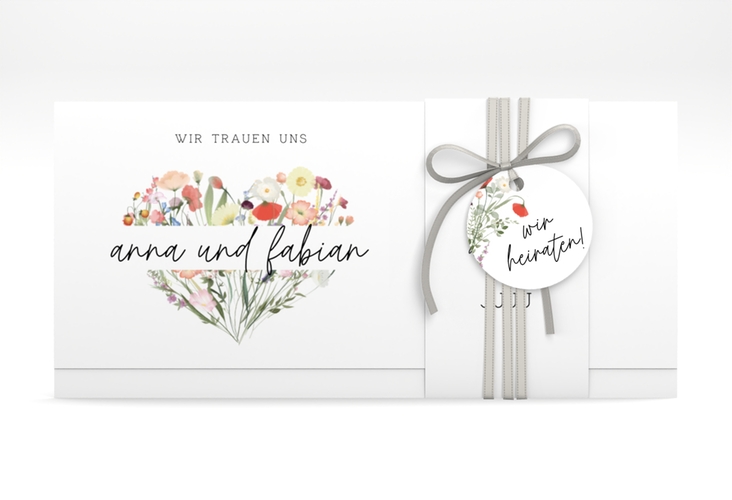 Hochzeitseinladung Wildblumenherz Wickelfalzkarte + Banderole hochglanz