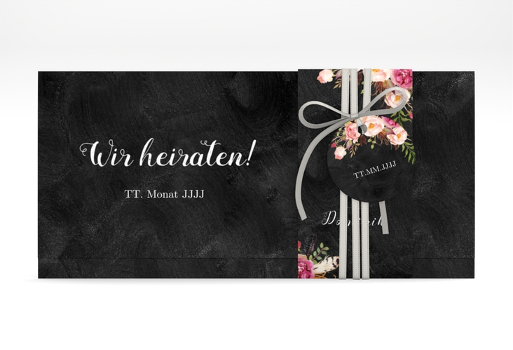 Hochzeitseinladung Flowers Wickelfalzkarte + Banderole schwarz hochglanz mit bunten Aquarell-Blumen