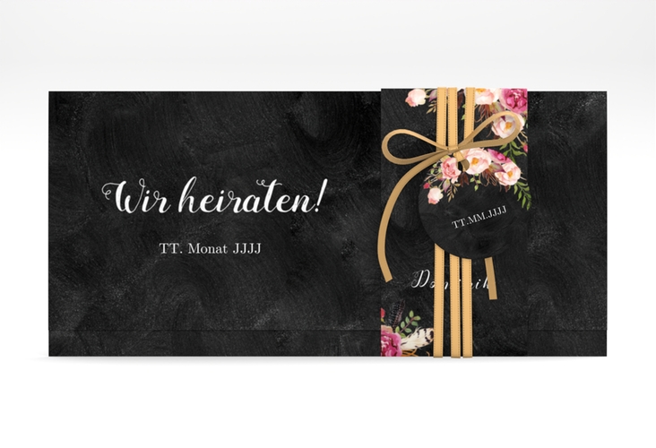 Hochzeitseinladung Flowers Wickelfalzkarte + Banderole schwarz mit bunten Aquarell-Blumen
