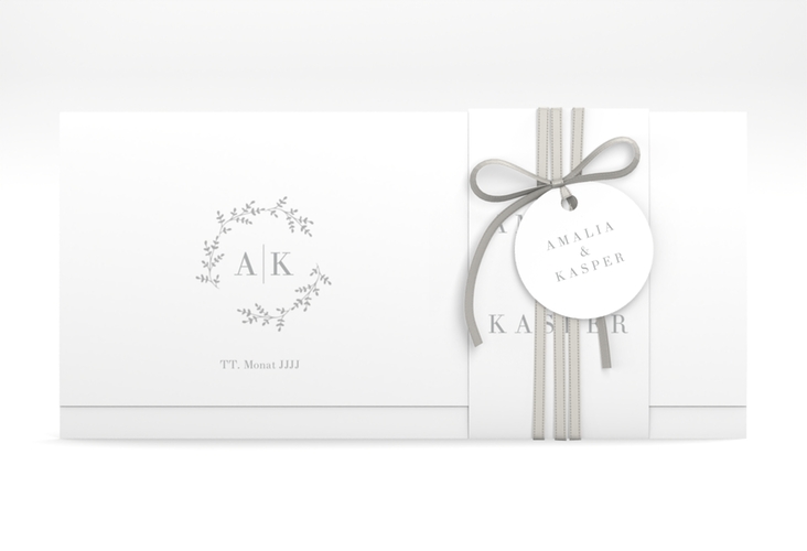 Hochzeitseinladung Filigrana Wickelfalzkarte + Banderole grau hochglanz in reduziertem Design mit Initialen und zartem Blätterkranz