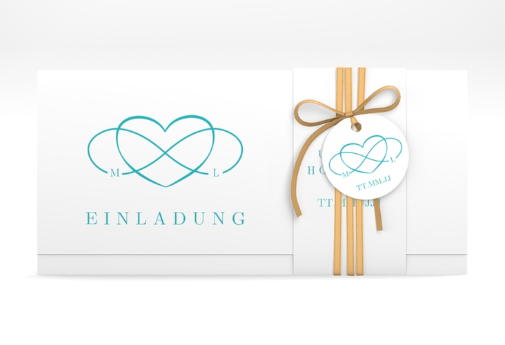 Hochzeitseinladung Infinity Wickelfalzkarte + Banderole tuerkis hochglanz