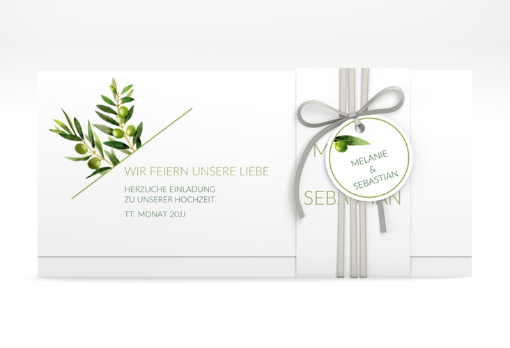 Hochzeitseinladung Olivenzweig Wickelfalzkarte + Banderole weiss