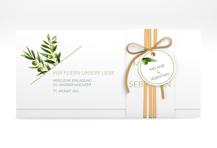 Hochzeitseinladung Olivenzweig Wickelfalzkarte + Banderole weiss