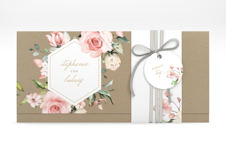 Hochzeitseinladung Graceful Wickelfalzkarte + Banderole hochglanz mit Rosenblüten in Rosa und Weiß