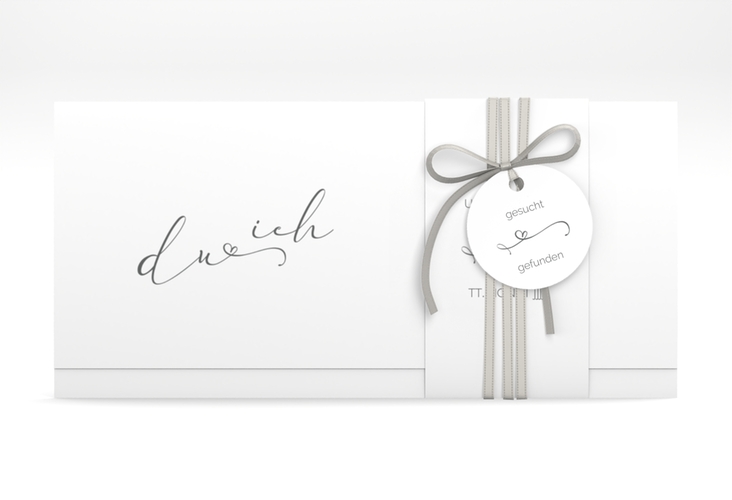 Hochzeitseinladung Zweisamkeit Wickelfalzkarte + Banderole weiss im minimalistischen Stil mit Aufschrift du & ich
