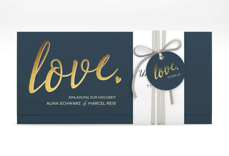 Hochzeitseinladung Glam Wickelfalzkarte + Banderole blau hochglanz