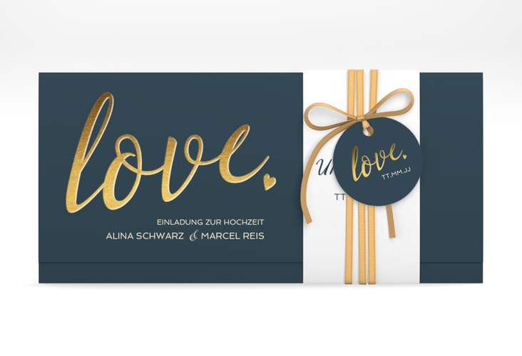 Hochzeitseinladung Glam Wickelfalzkarte + Banderole blau hochglanz