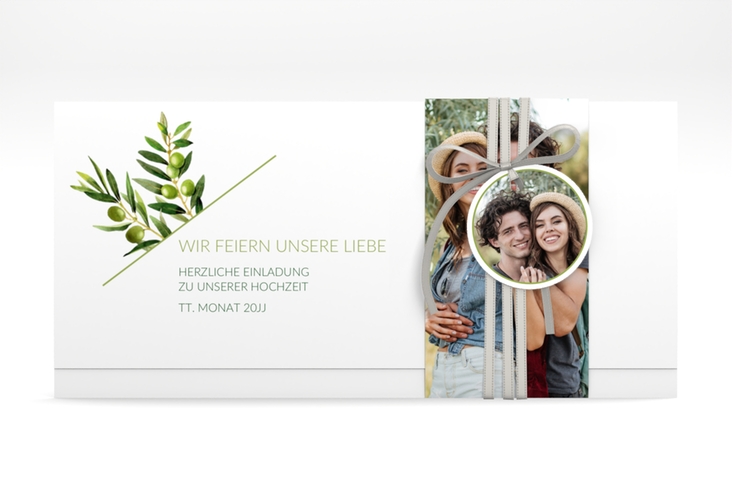 Hochzeitseinladung Olivenzweig Wickelfalzkarte + Banderole weiss