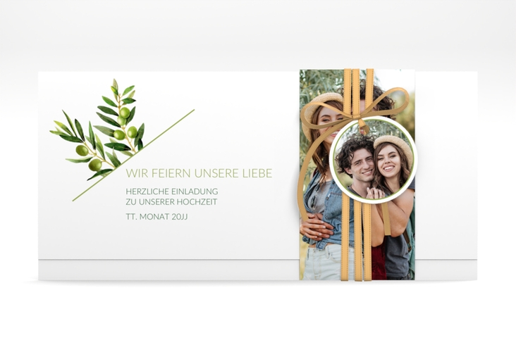 Hochzeitseinladung Olivenzweig Wickelfalzkarte + Banderole weiss