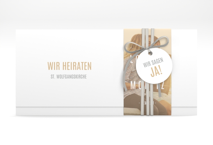 Hochzeitseinladung Memory Wickelfalzkarte + Banderole beige hochglanz